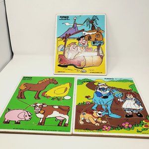 Playskool Wooden Puzzle Bundle,  Flintstones, Raggedy Ann. and Farm Animals.